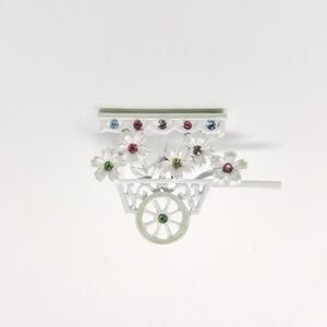 Vintage Flower Cart Rhinestone Brooch, White Enamel, Signed BJ, Estate